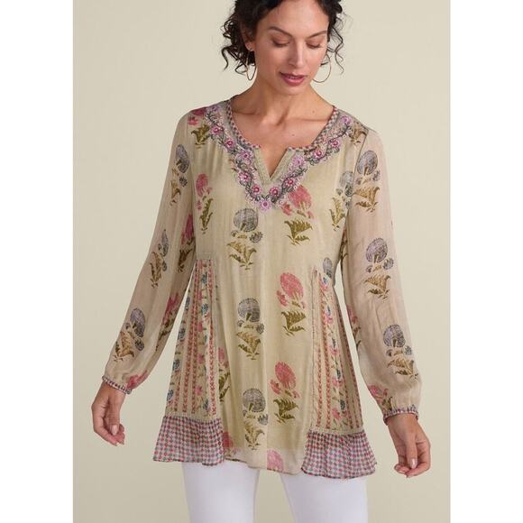 Soft Surroundings Serenata Tunic Top Blouse M Sheer Embroidered Boho Fairy Artsy - Picture 2 of 16